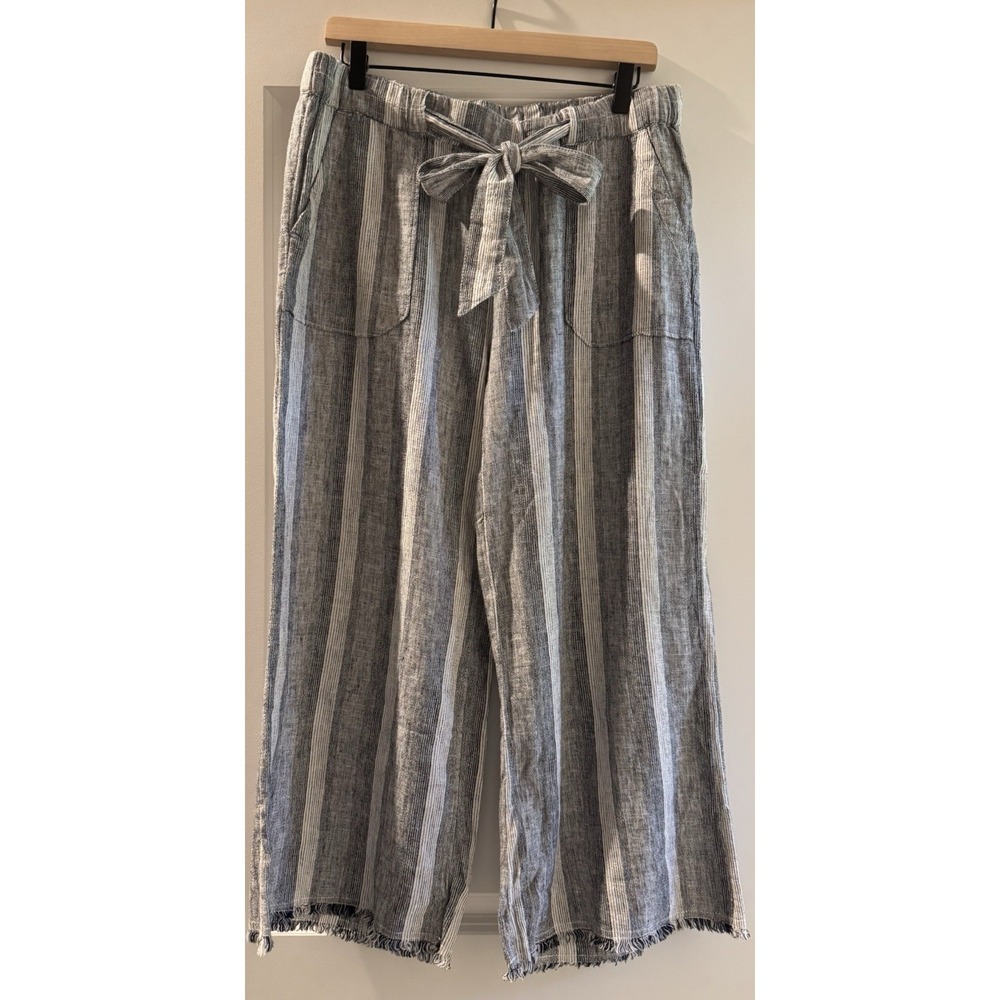 Caslon Linen Blend Wide Leg Crop Pants Striped Tie Waist Frayed Hem Womens M